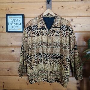 FUDA International‎ Vintage Leopard 100% Silk Bomber Jacket Windbreaker Plus 1X